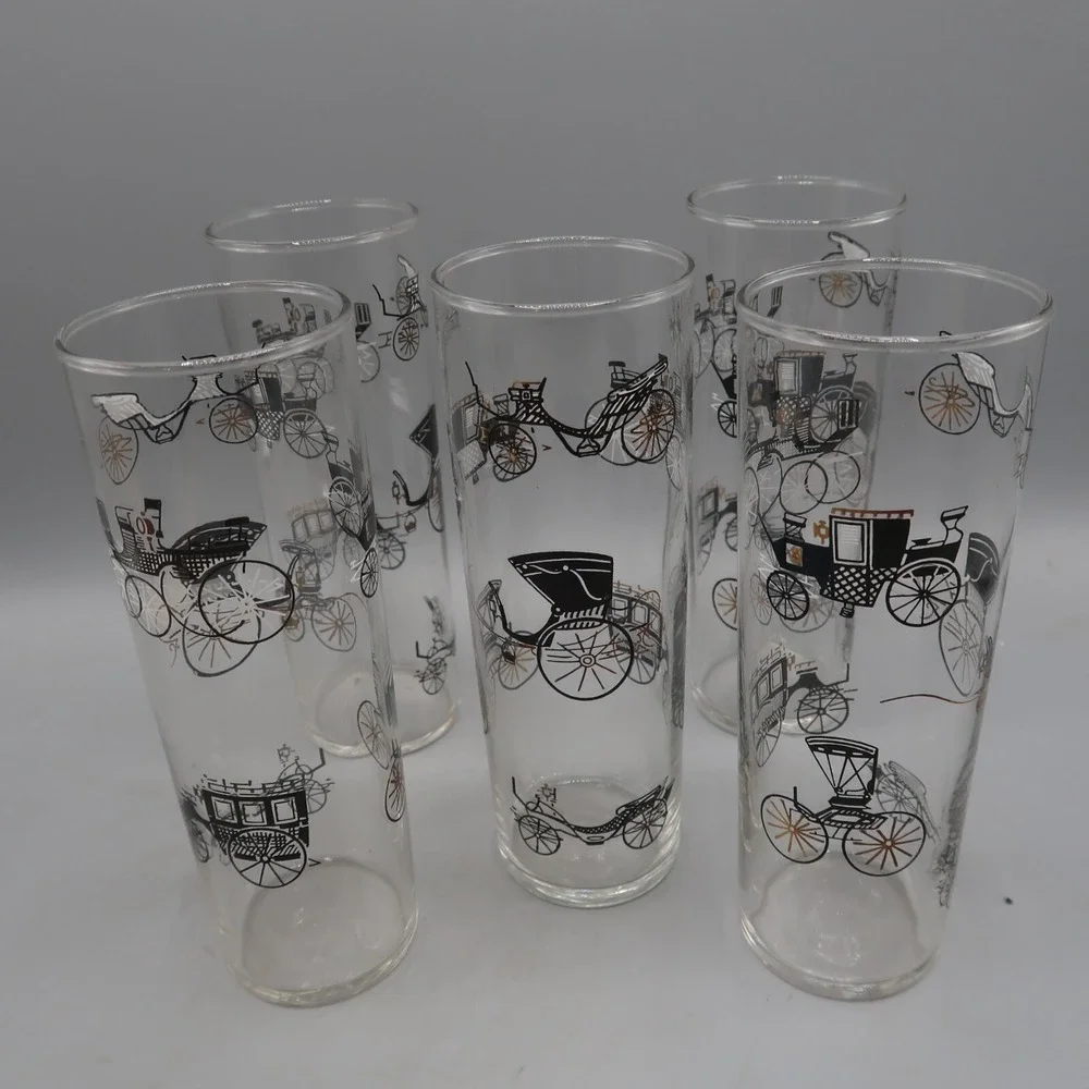 5 Vintage Libbey Black‎ Gold Carriage Drinking Glasses Highball Bar Tom Collins